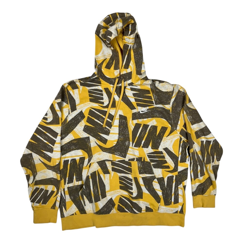 Vintage Nike Yellow All Over Print Pullover Hoodie Sweatshirt Size Medium Y2K
